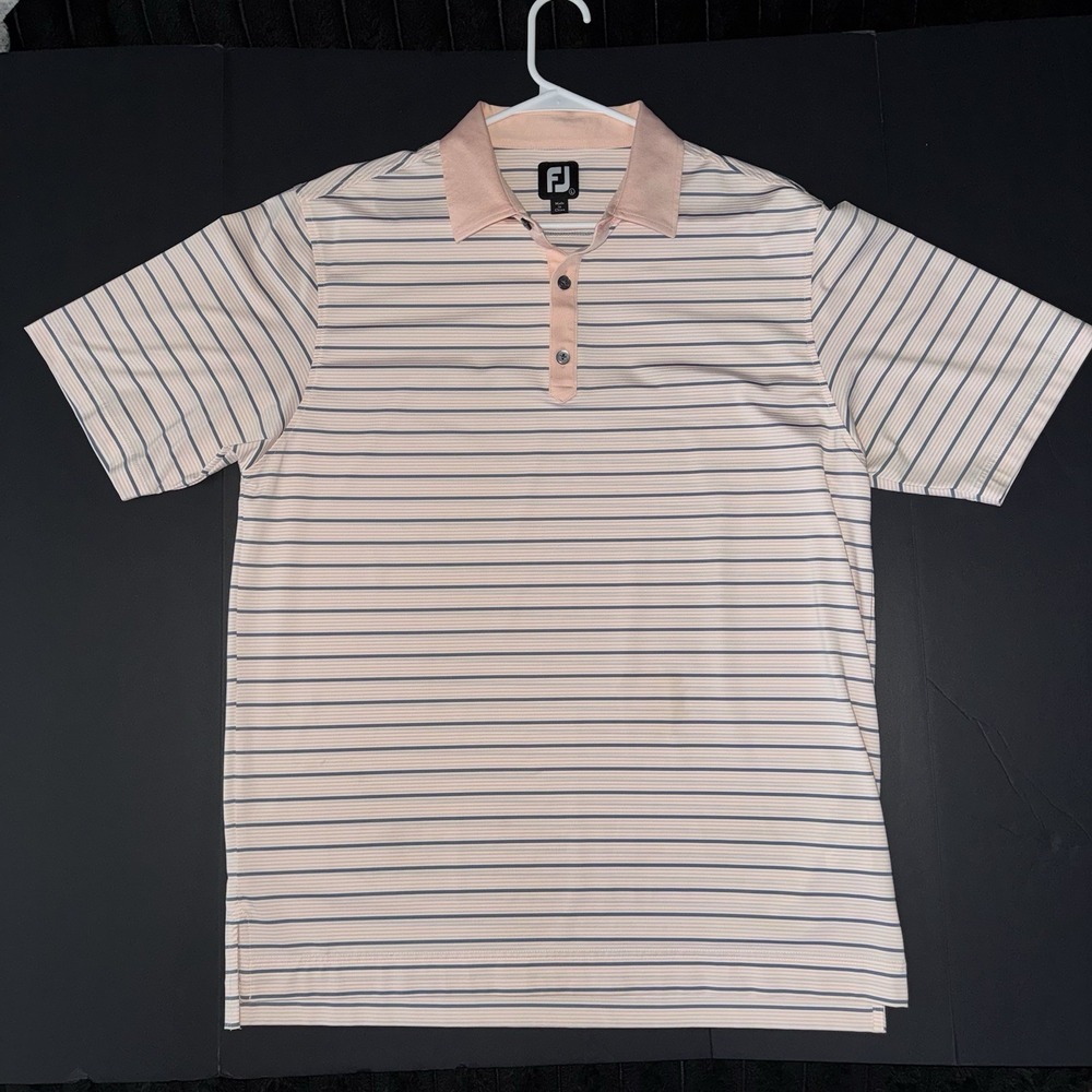 Men's Large FootJoy Pink White Blue Striped Performance Golf Polo Shirt Logo